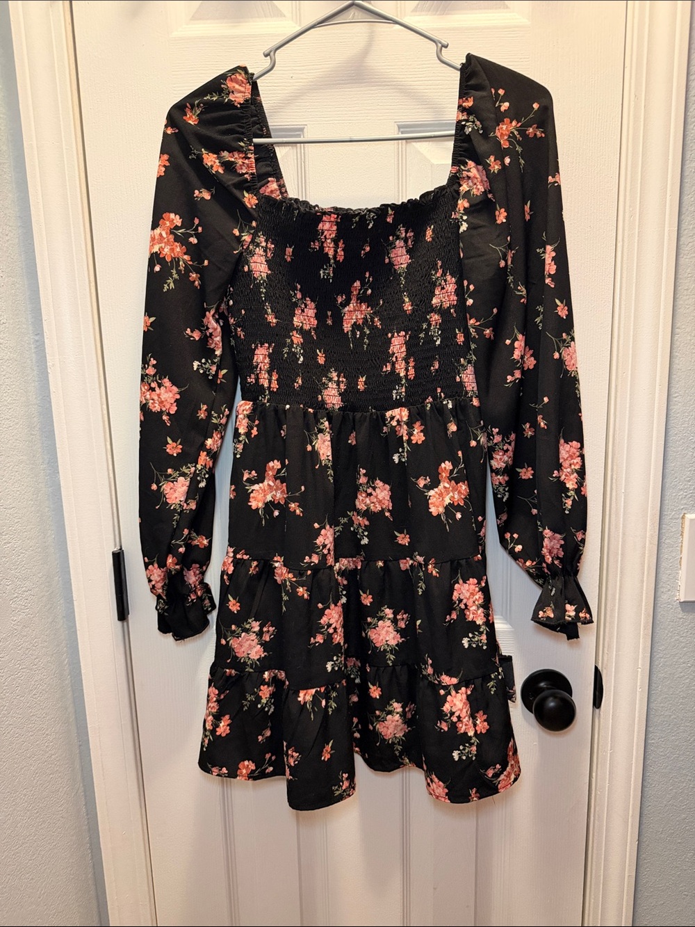 Floral Smocked Long-Sleeve Mini Dress - Black with Pink Floral